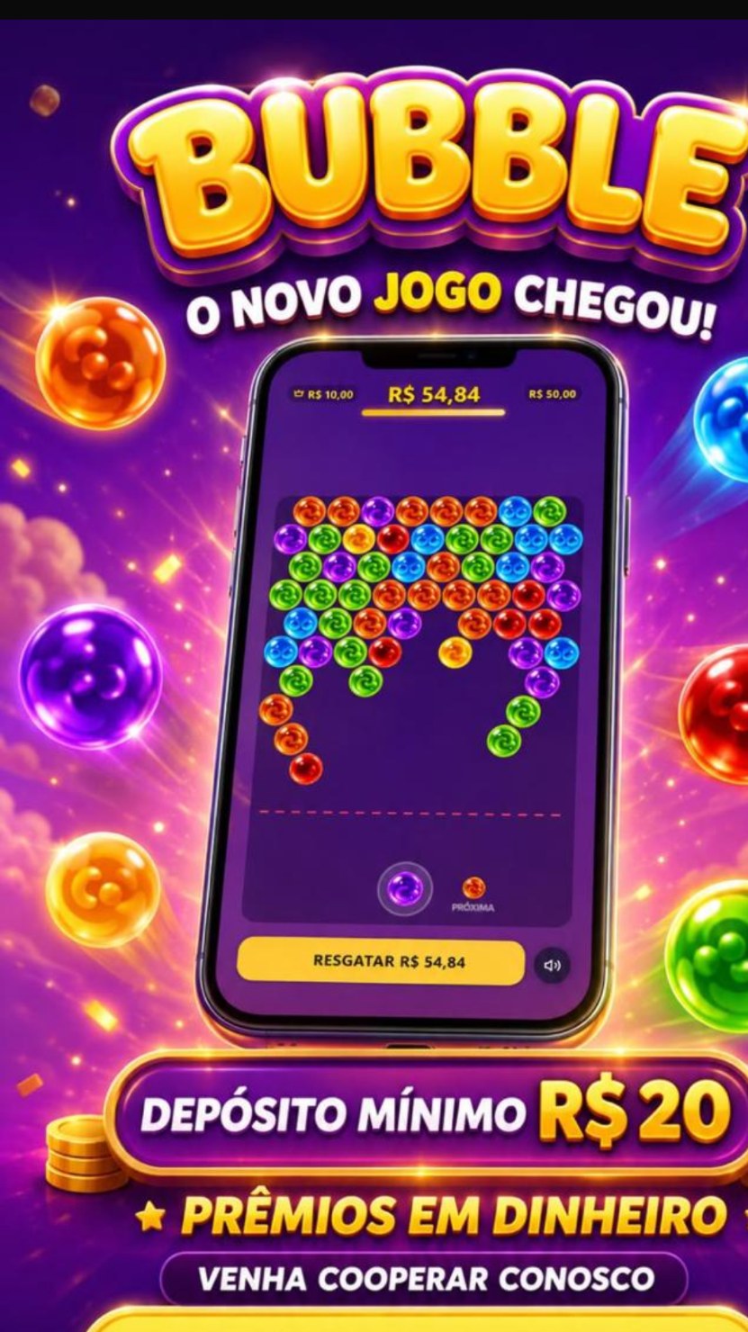 Prévia visual do jogo Bubble, com bolhas coloridas em uma tela de celular
